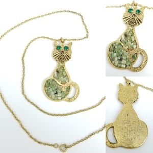 Green Eyed Beads Cat Hammered Gold tone Chain Necklace w/Boho Stones/Rocks